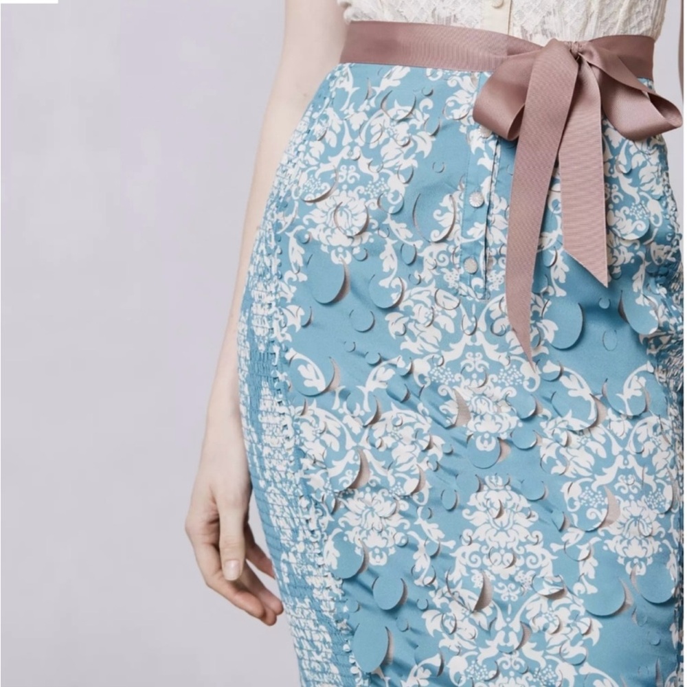 Byron Lars Cream Lace Top Blue Floral Midi Dress with Pink Sash - Picture 2 of 7